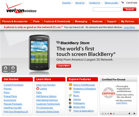BlackBerry Storm On Verizon Homepage