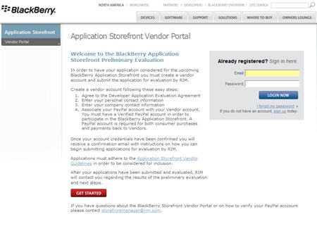 BlackBerry Application Storefront Vendor Portal