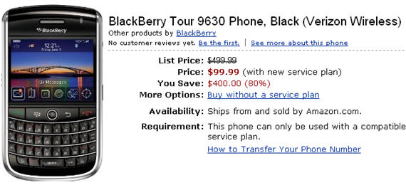 $99 Verizon BlackBerry Tour From Amazon Wireless