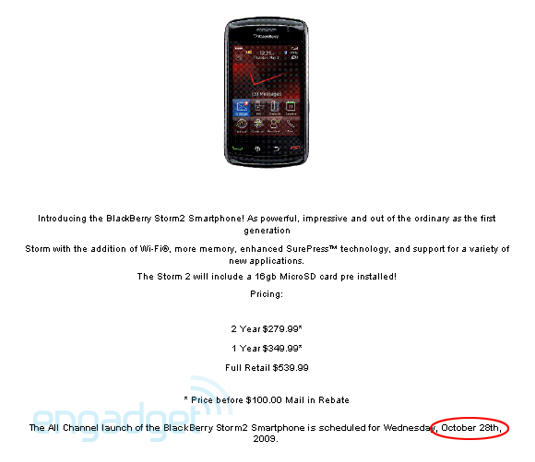 Verizon BlackBerry Storm2 Launch and Pricing Details